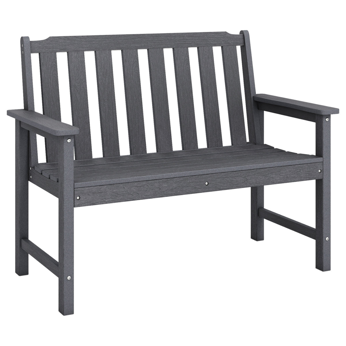 A dark gray slatted garden bench shown alone against a white background.