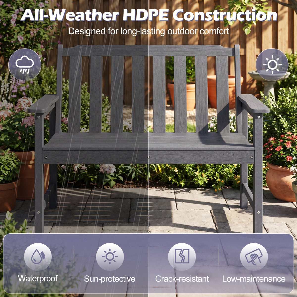 A charcoal slatted bench is shown outdoors with weather-related icons and feature callouts.