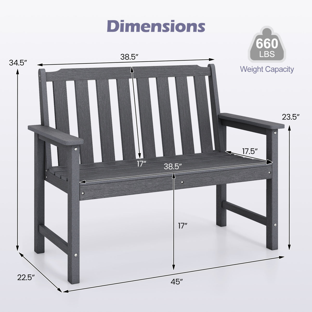 A dark gray bench is shown with measurement arrows and a weight-capacity badge.