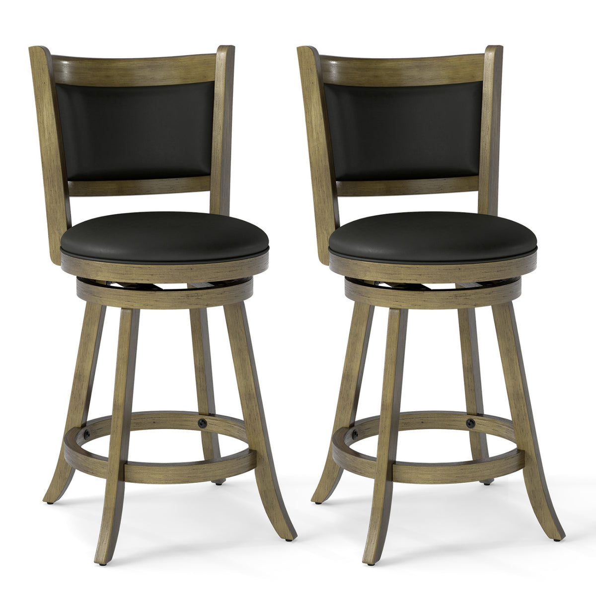 Two matching stools on a white background, showing their padded seats and circular footrests.