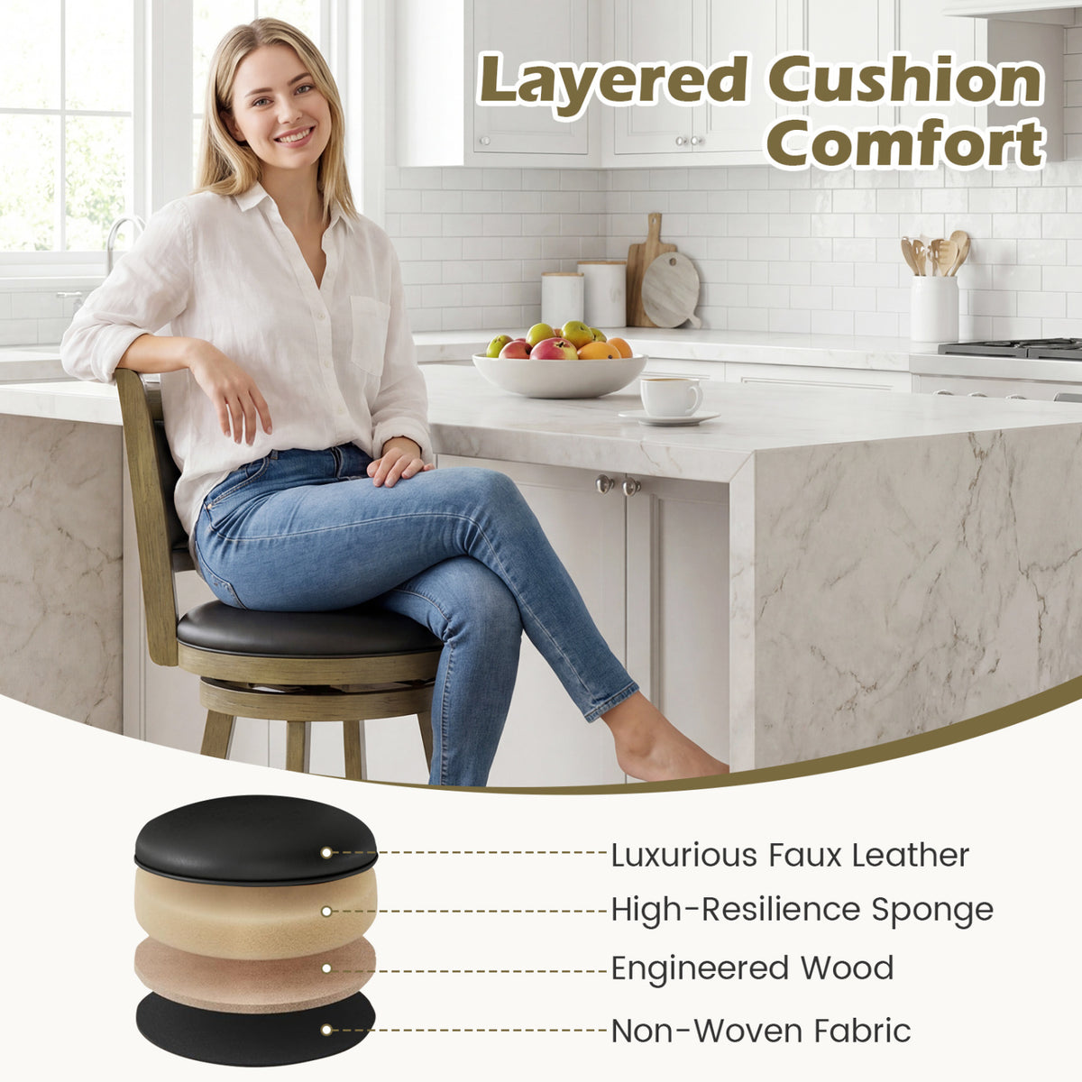 A woman sits on a black-cushioned wooden stool beside a bright kitchen island, with a layered seat illustration below.