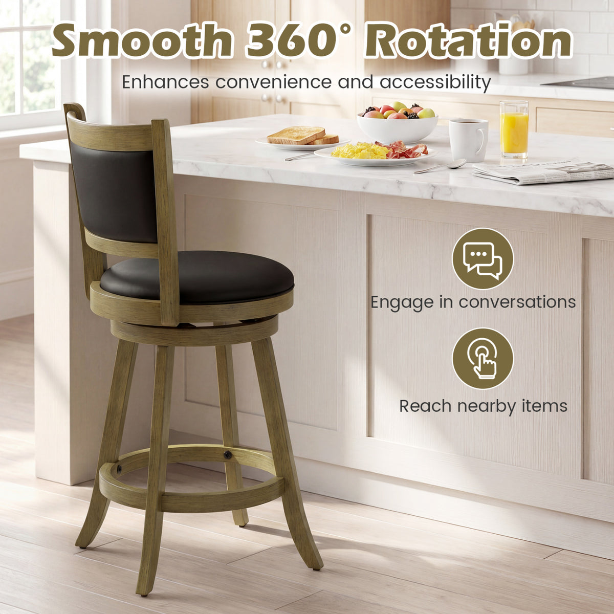 A wooden stool with a black seat stands at a kitchen island, shown from behind and slightly to the side.