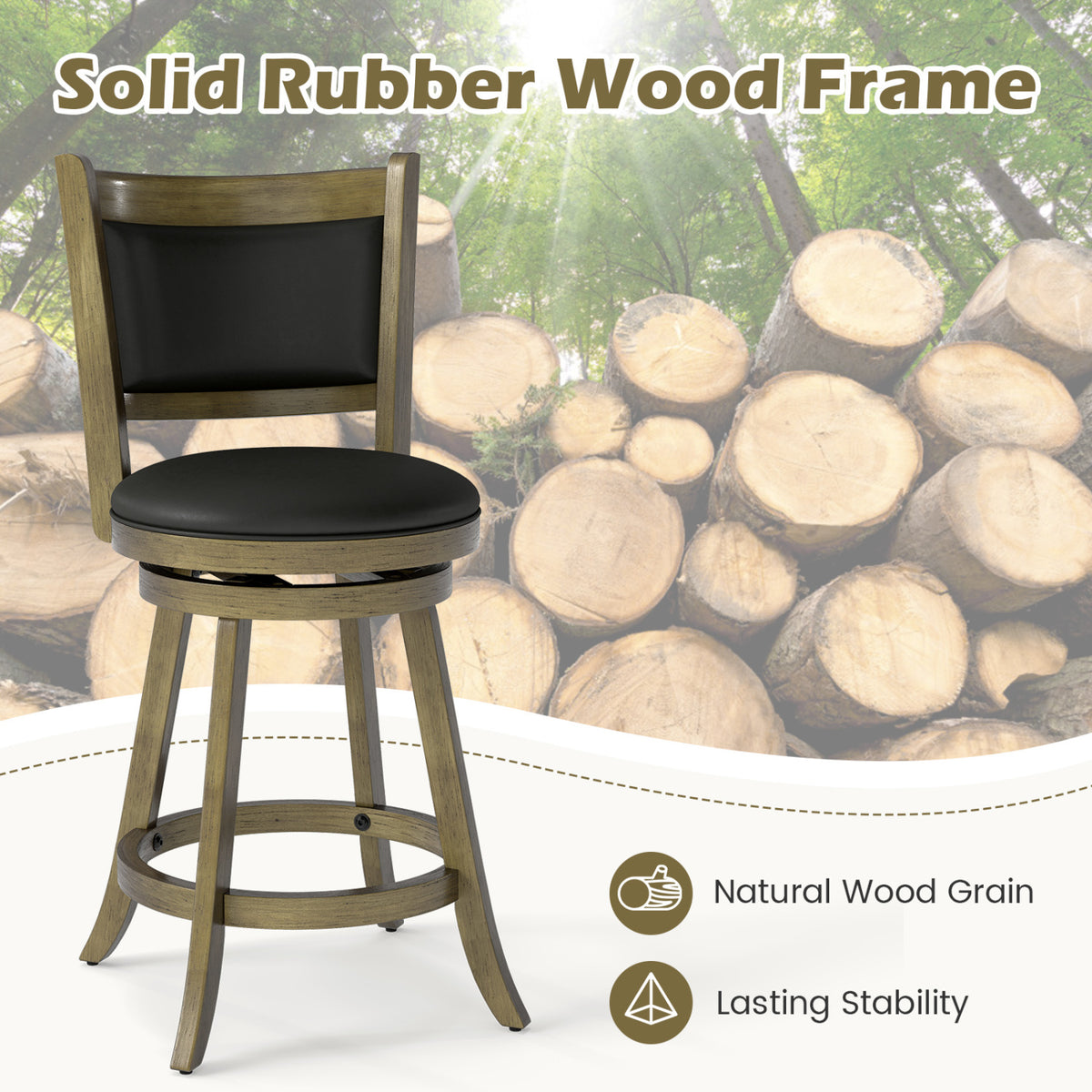A black-seated wooden stool stands in front of stacked logs, with close views of its wood-grain frame.