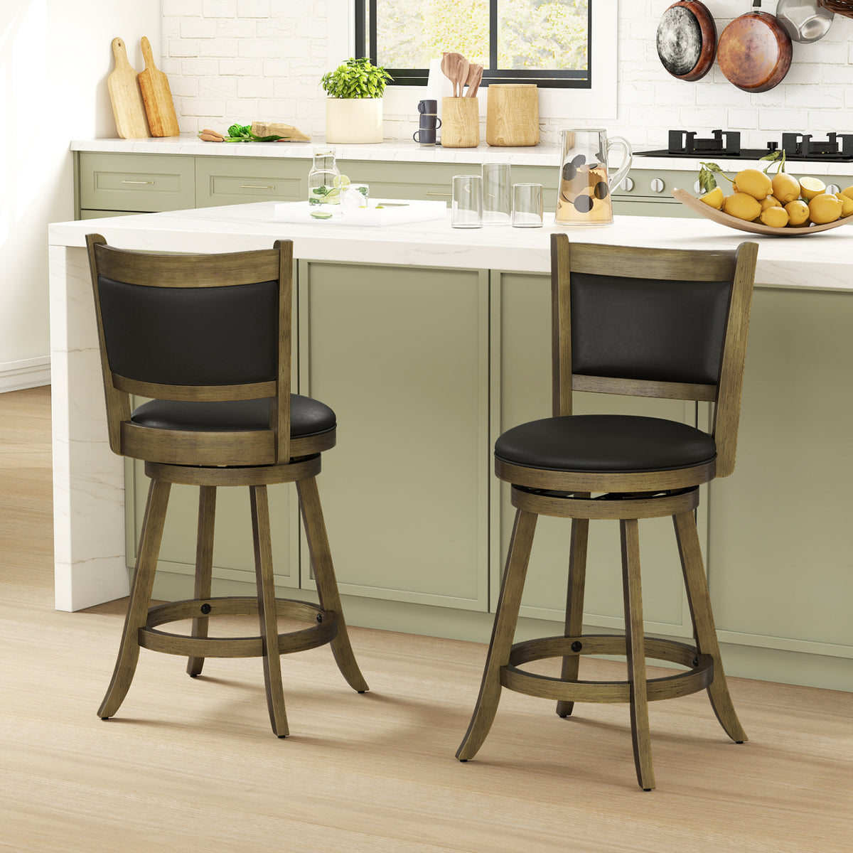Pair of swivel stools shown from behind and in front at a kitchen counter.