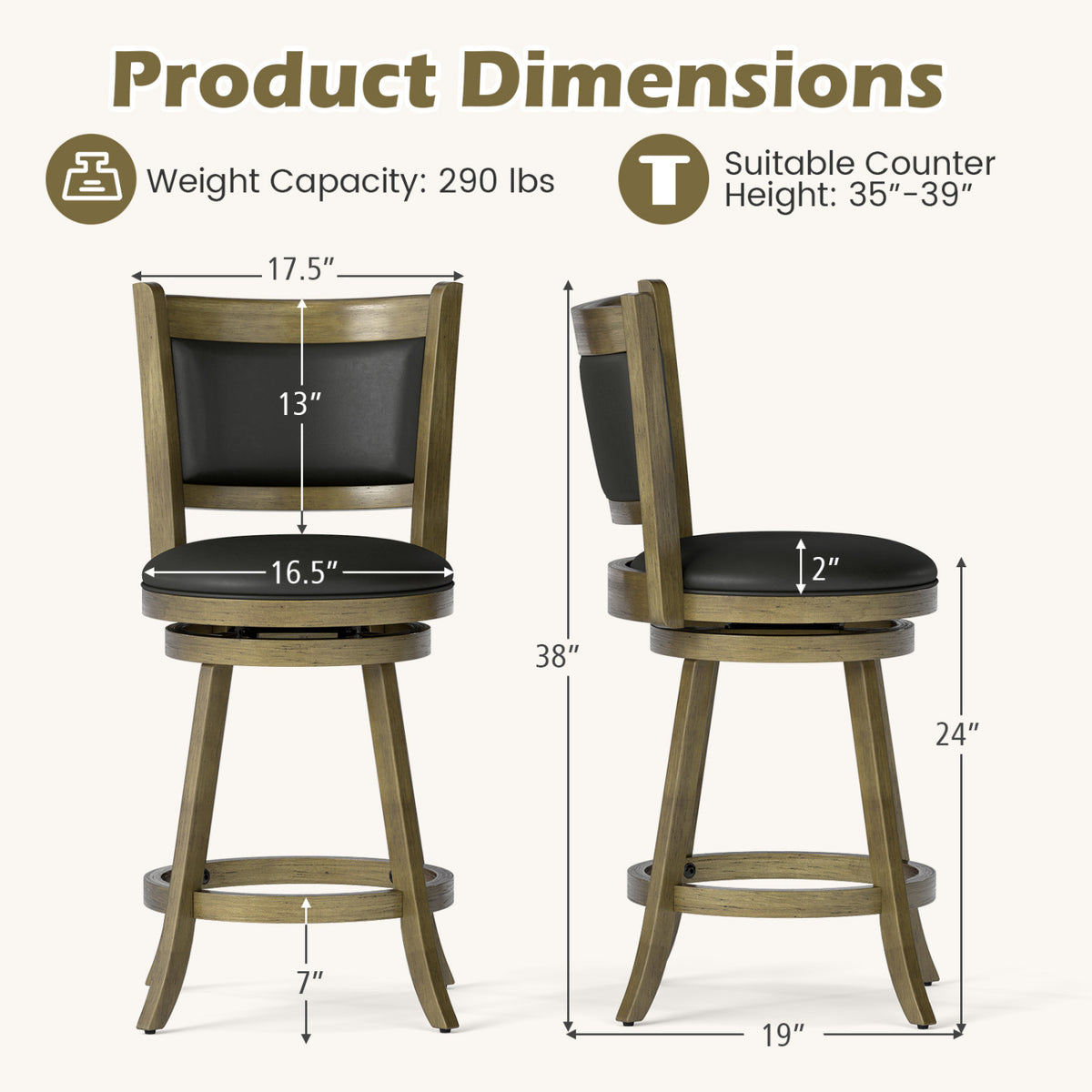 Front and side stool views with measurement arrows and dimension labels.