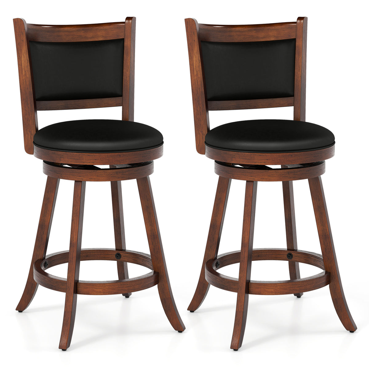 Pair of dark wood swivel stools with black upholstered seats and circular footrests on a white background.
