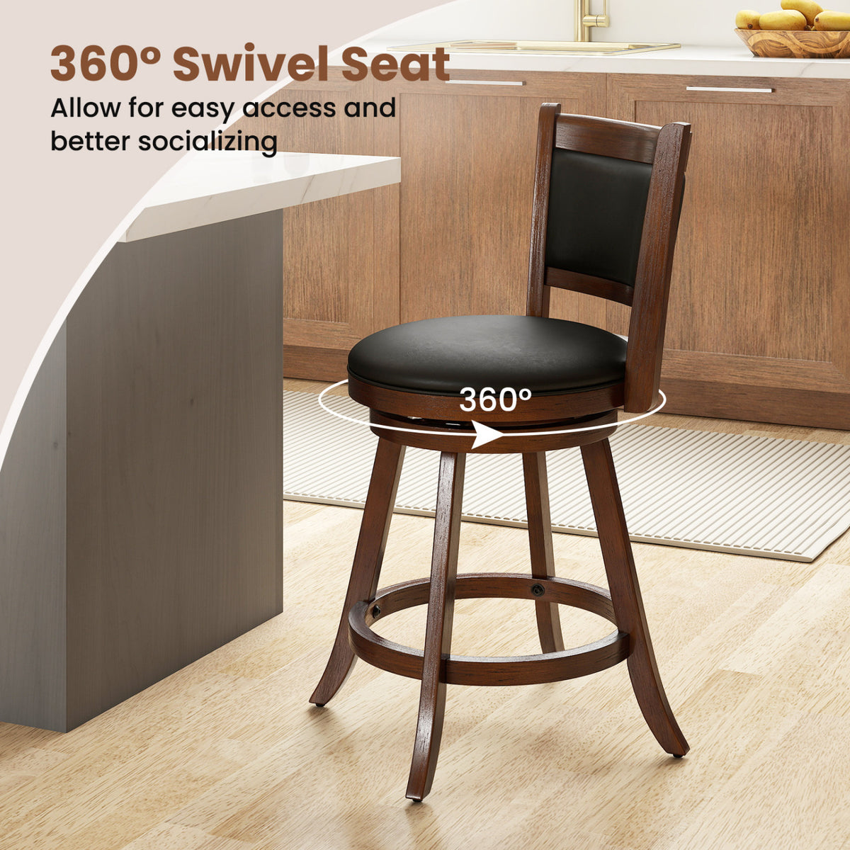 A single dark wood stool beside a kitchen island, with a circular arrow showing its rotating seat.