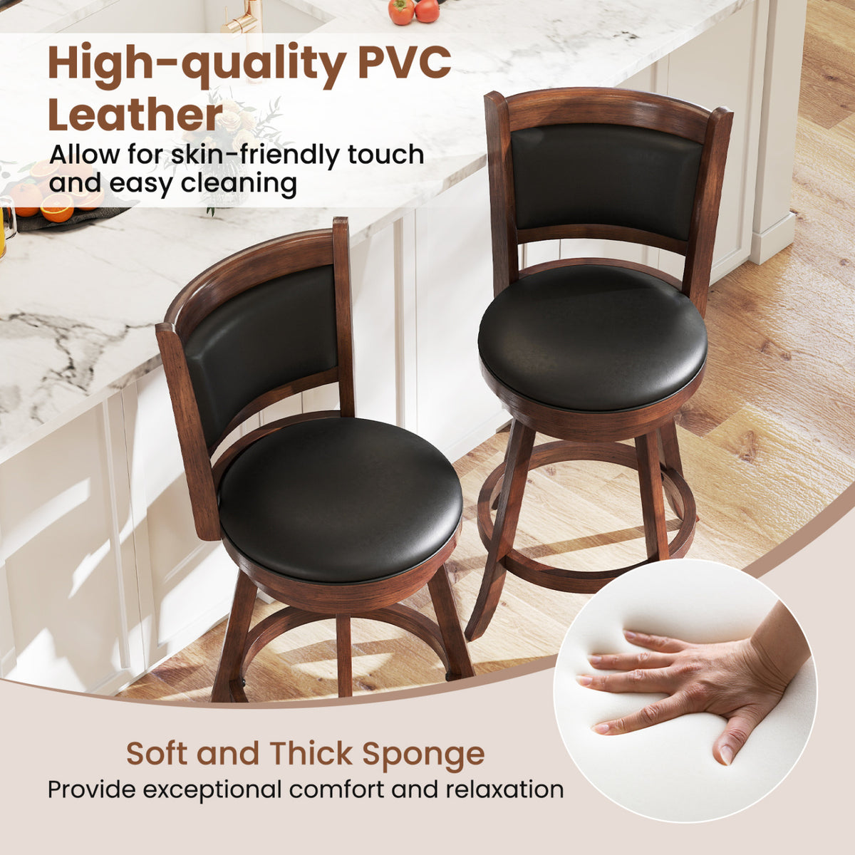 Two dark wood stools with black padded seats; an inset shows a hand pressing a cushion.