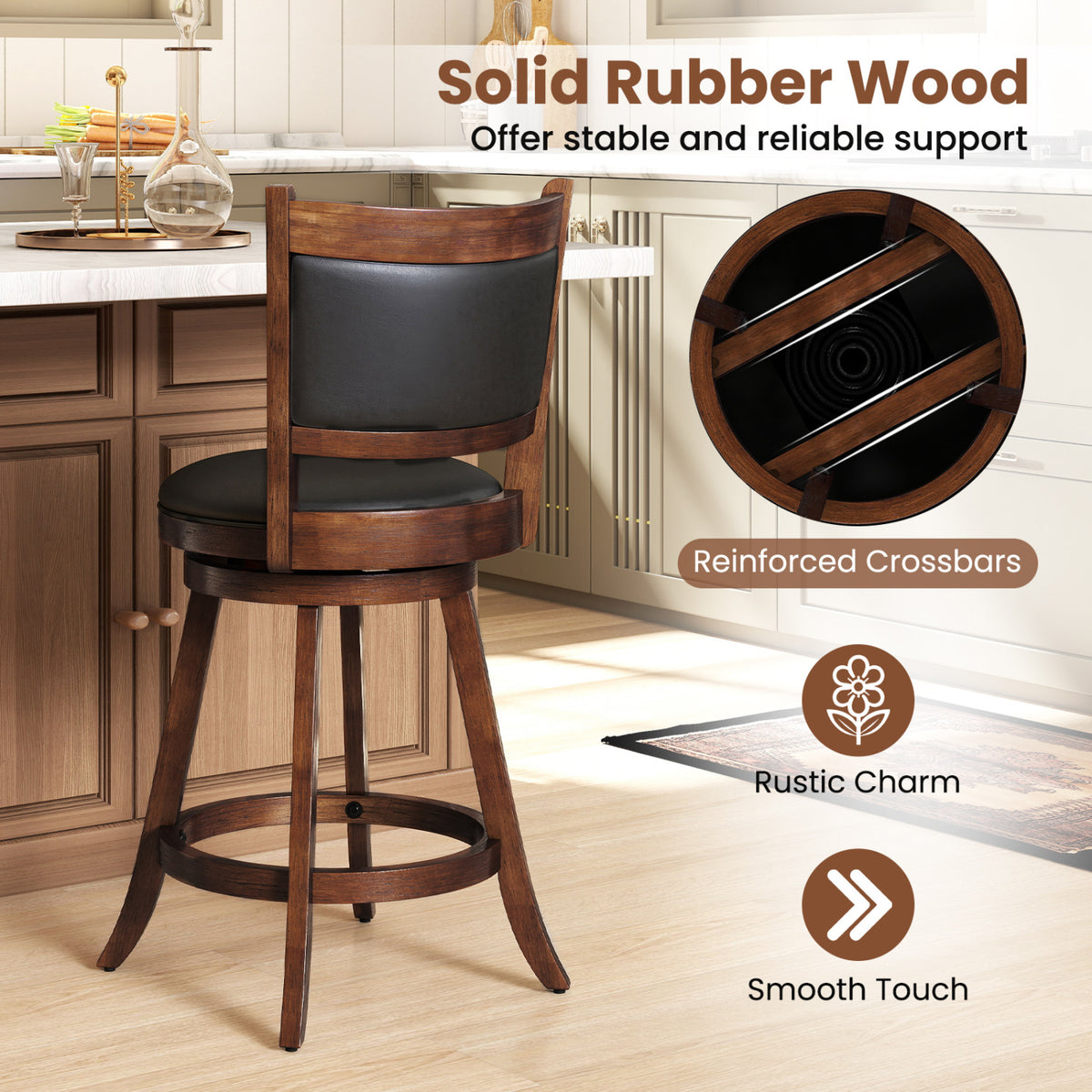Rear view of a dark wood stool with black back padding and a circular inset showing the underside braces.