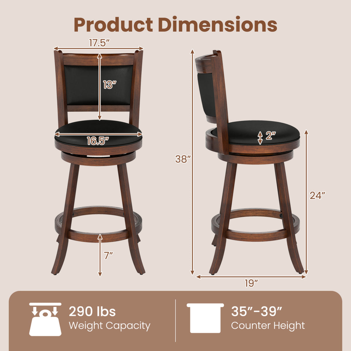 Front and side views of a stool with arrows marking its measurements.