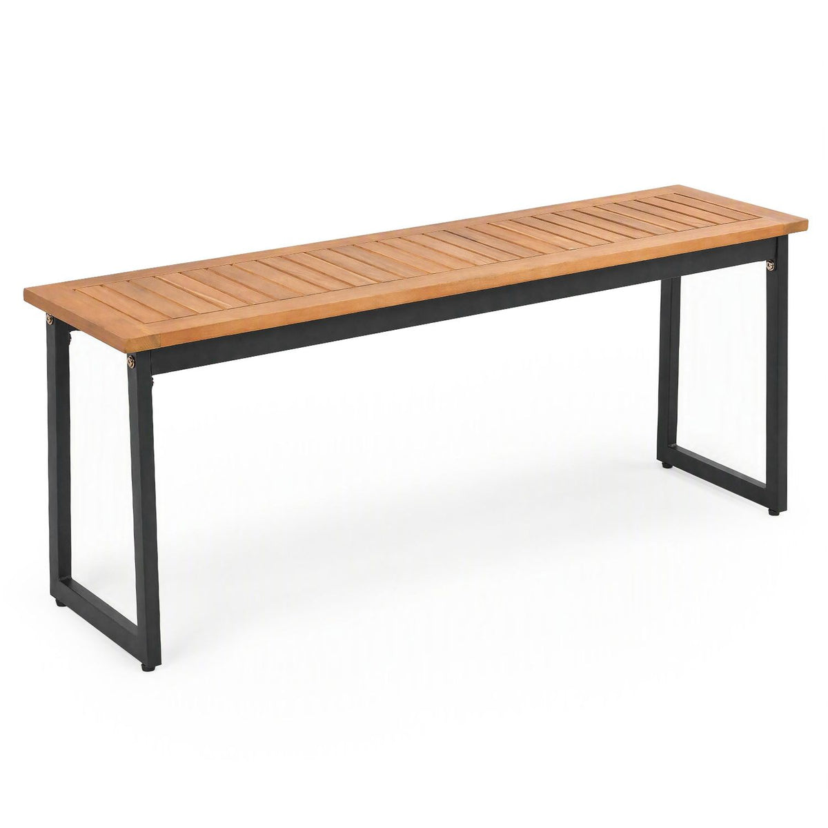 Slatted wood bench with black metal legs shown against a white background.