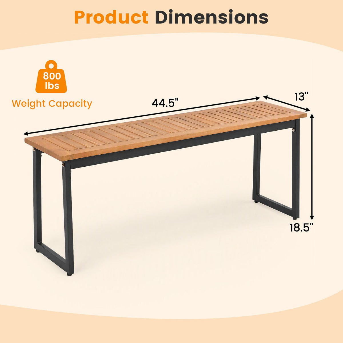 Bench shown with measurement arrows and a weight-capacity graphic.