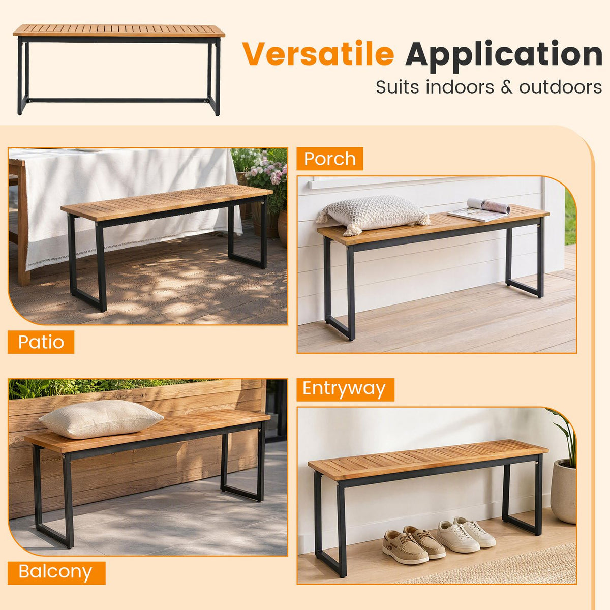 Four views show the wooden bench styled on a patio, porch, balcony, and in an entryway.