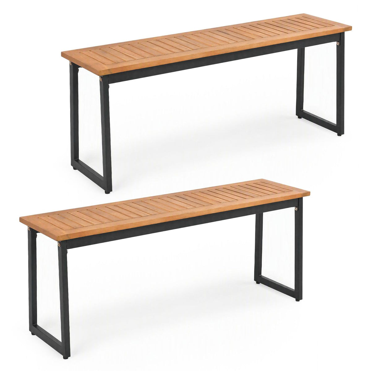 Two views of the slatted bench with black metal legs against a plain white background.