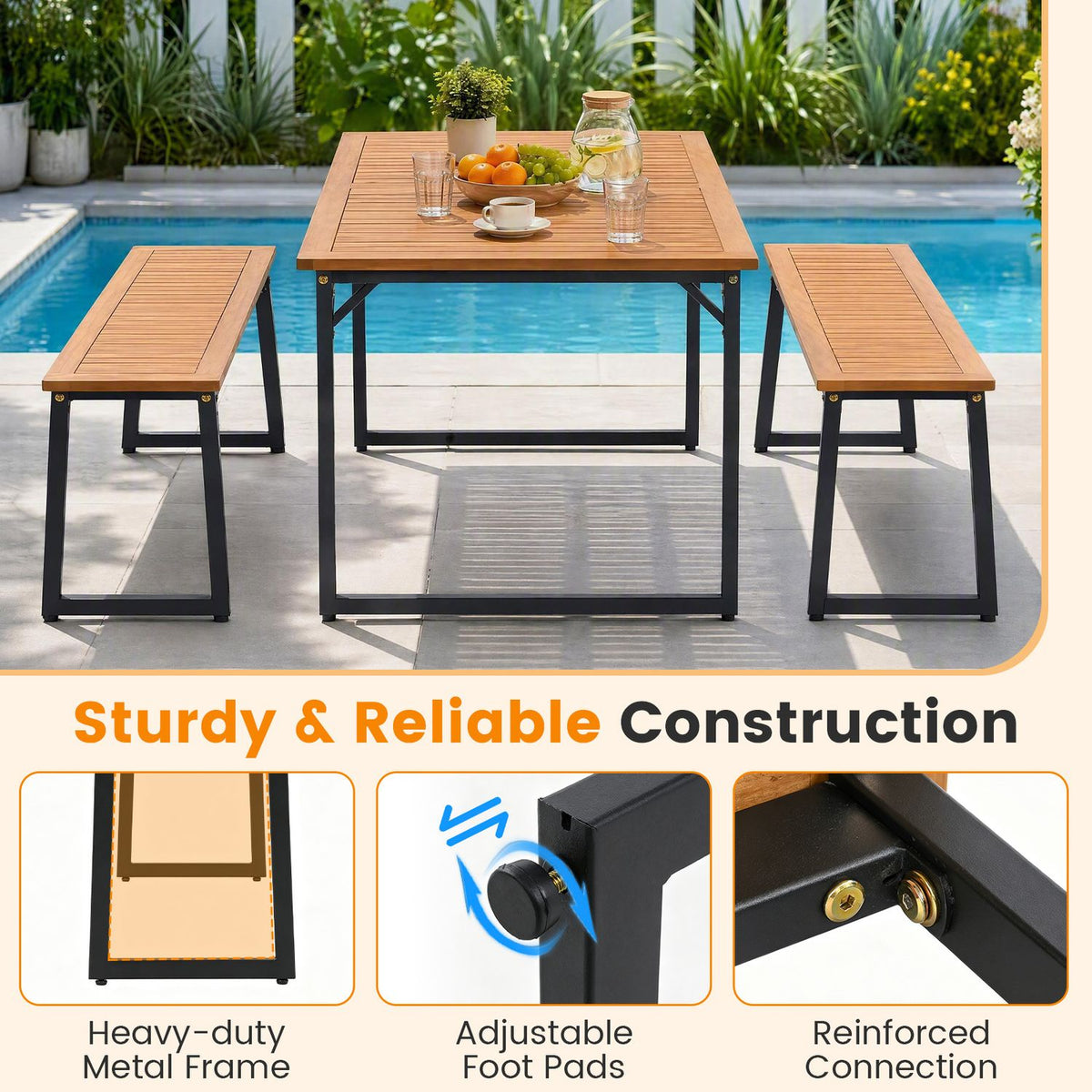 Two matching benches flank an outdoor table by a pool, above close-ups of the bench frame and joints.