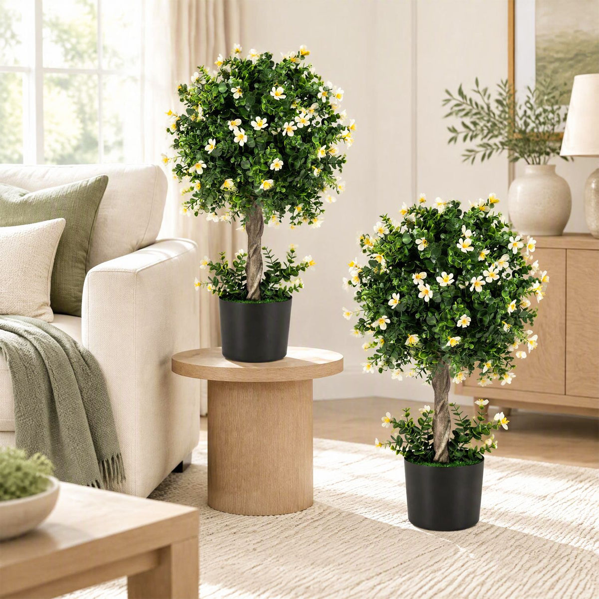Two flowering topiary trees in black pots stand beside a cream sofa and a small wooden table.