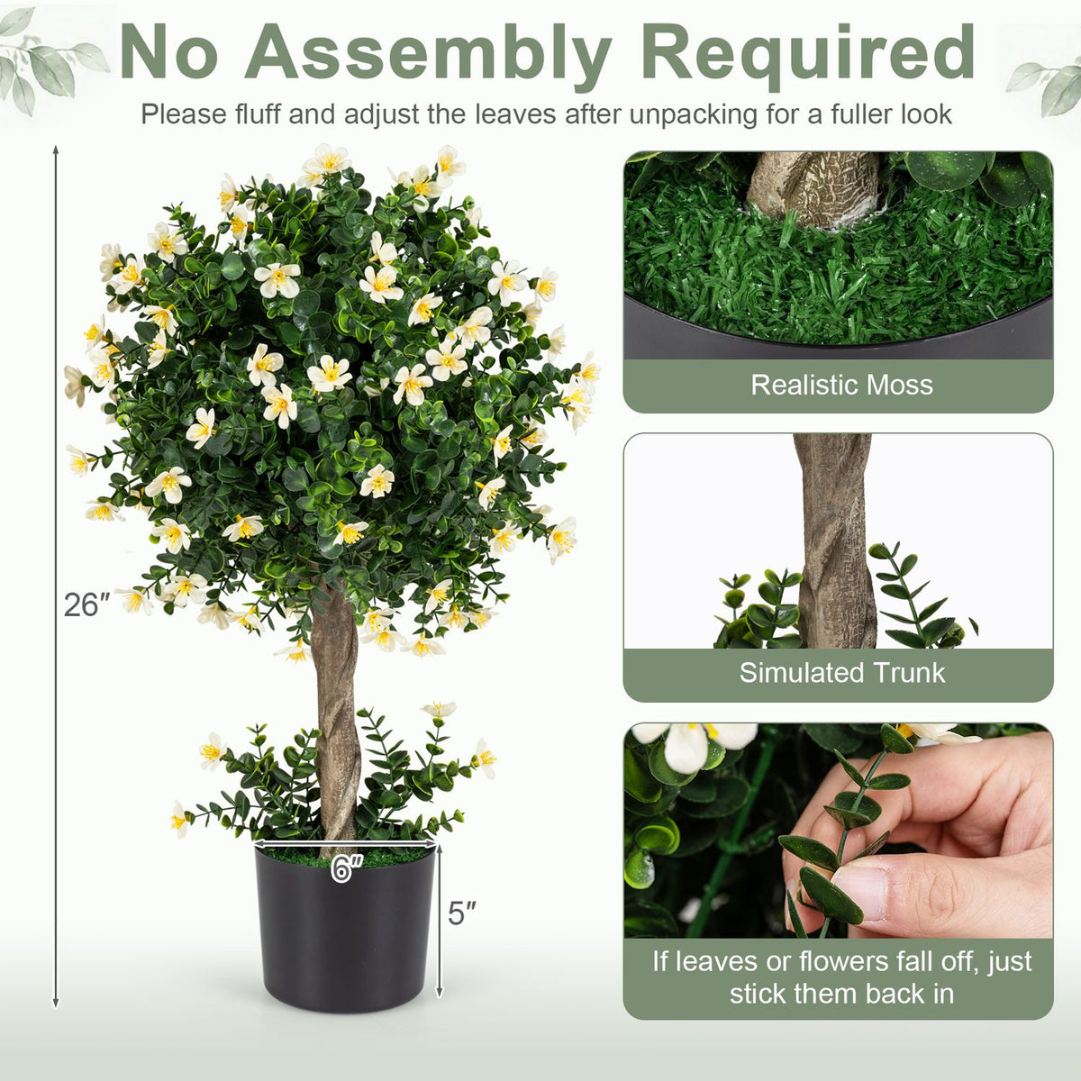 A flowering topiary tree with dimension arrows and close-up panels showing its pot, trunk, foliage, and flowers.