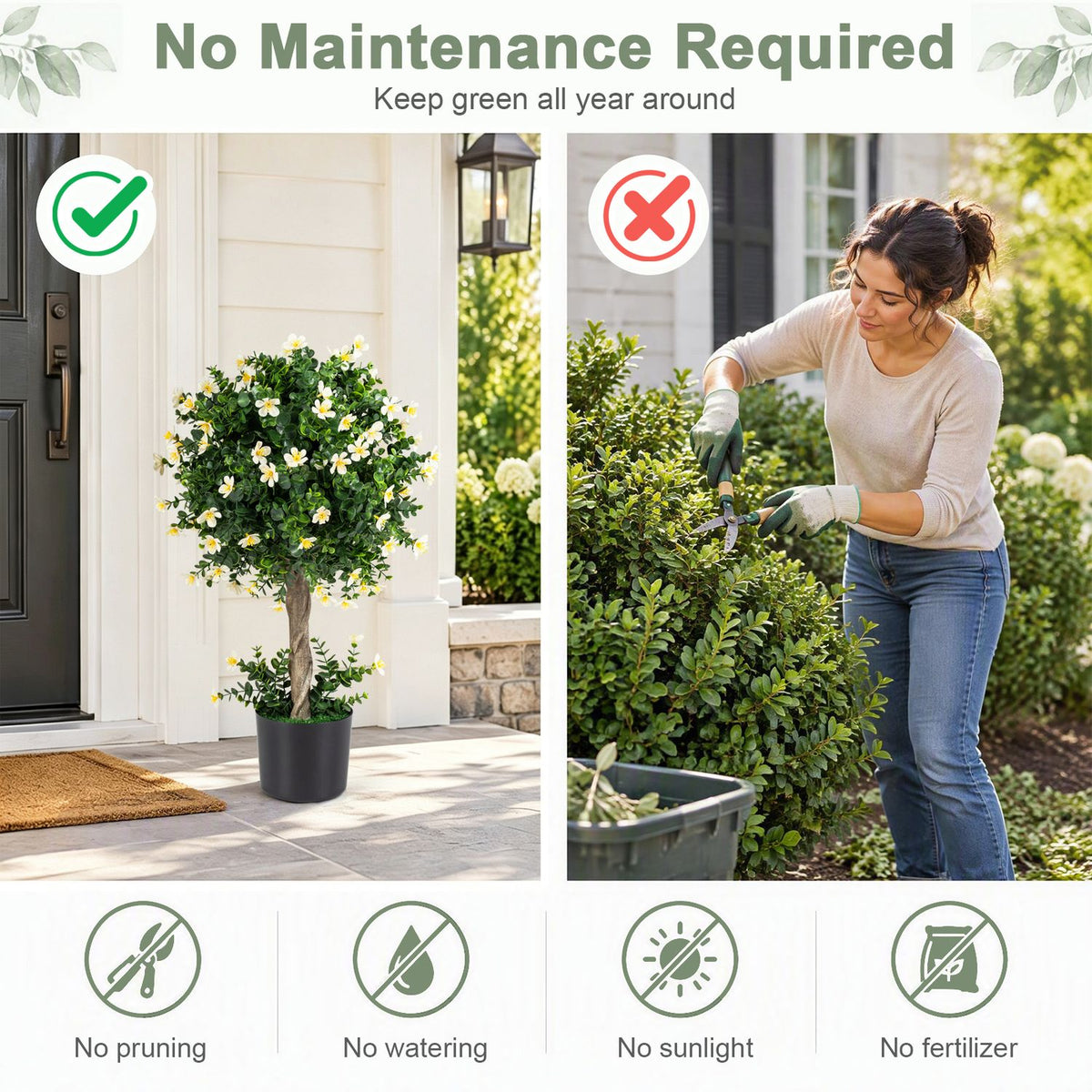 Potted flowering topiary stands by a doorway beside a scene of a woman tending a shrub.