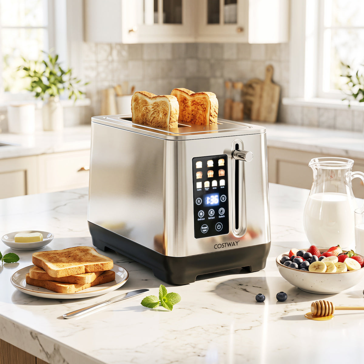 Silver two-slot toaster on a bright kitchen counter with toast and breakfast dishes