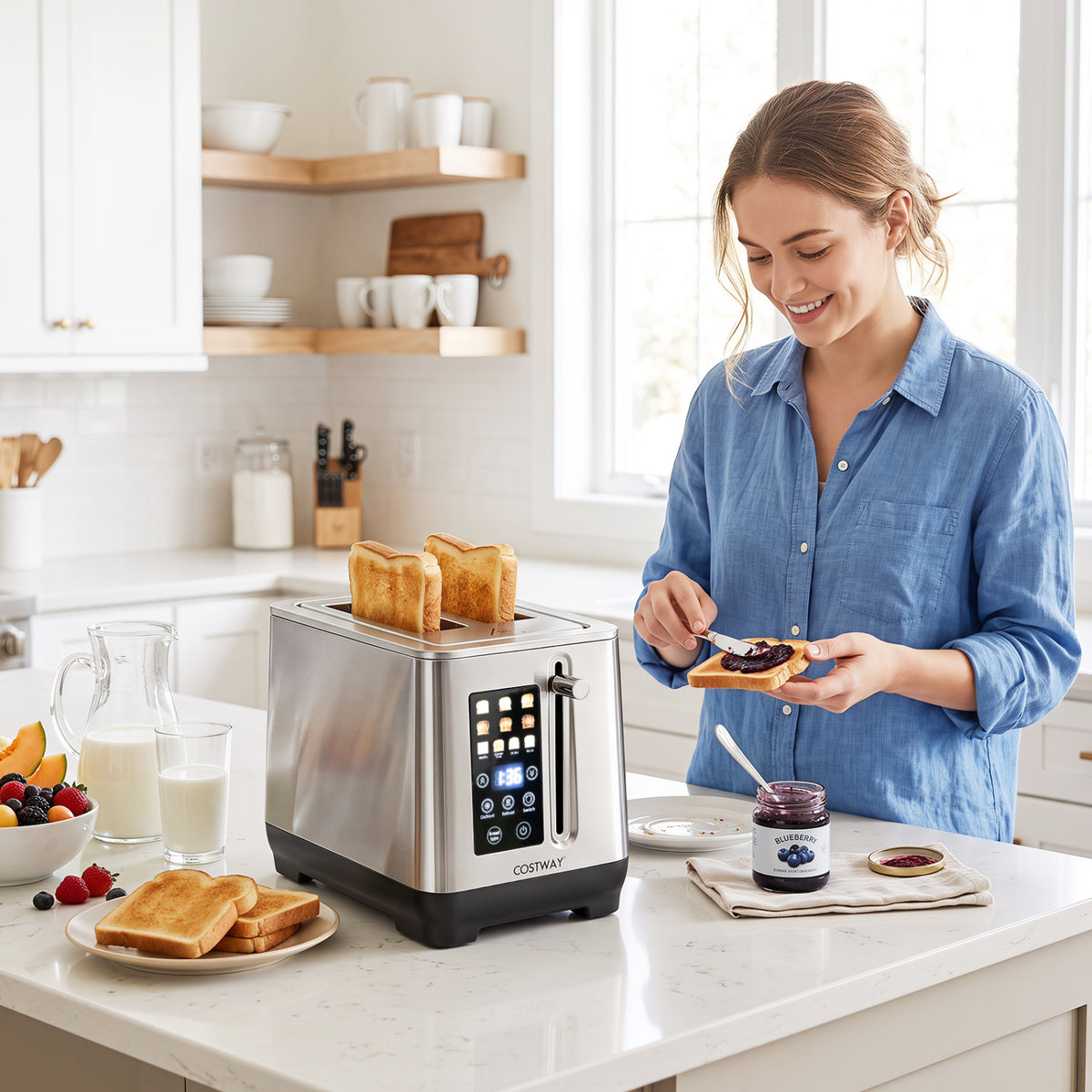 Silver two-slot toaster beside a woman preparing toast at a kitchen counter