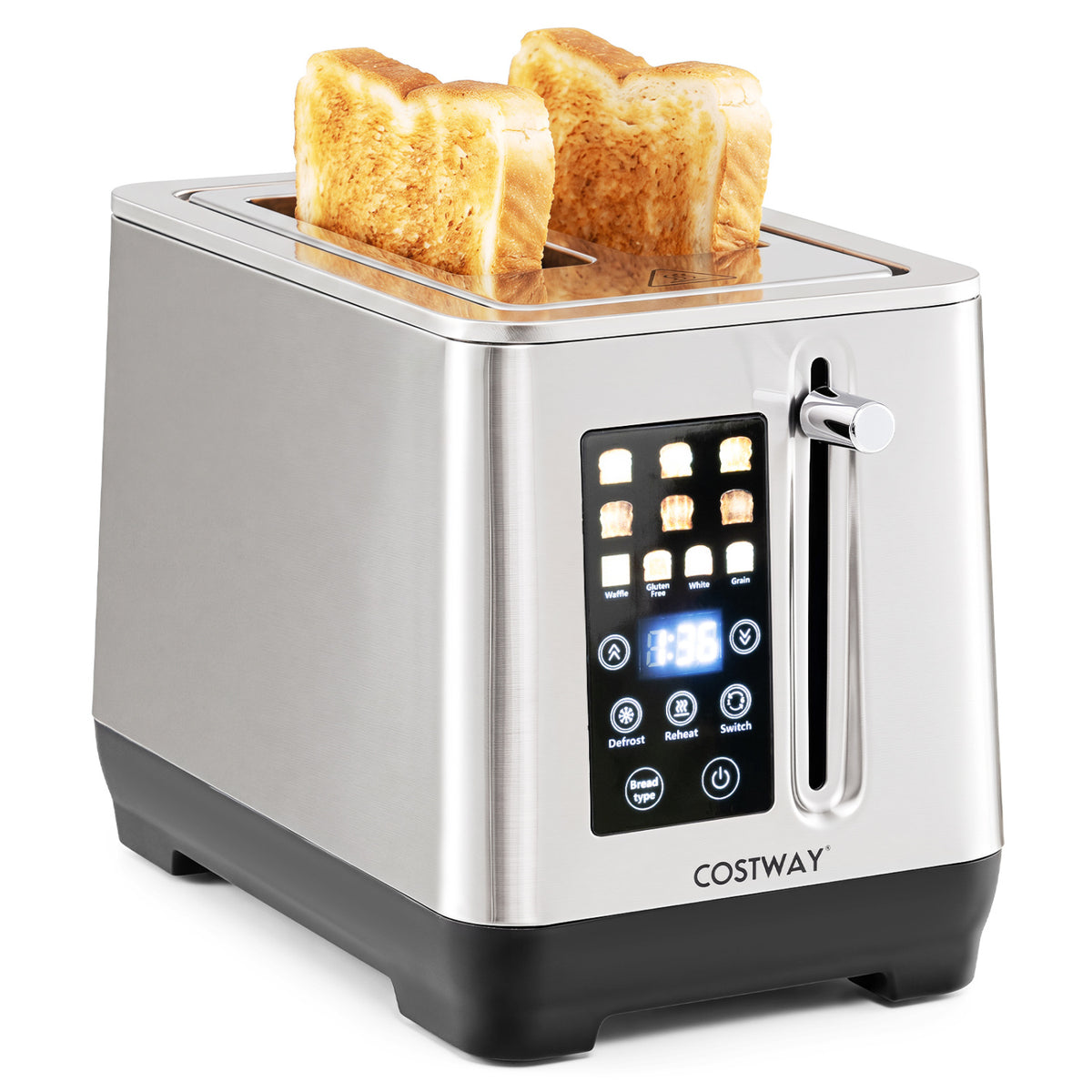 Close front three-quarter view of a silver toaster with toast in both slots