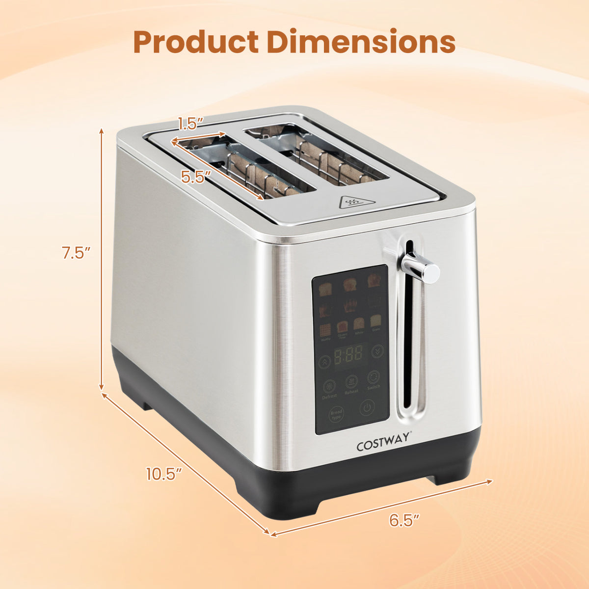 Silver toaster with labeled overall and slot dimensions on a light graphic background