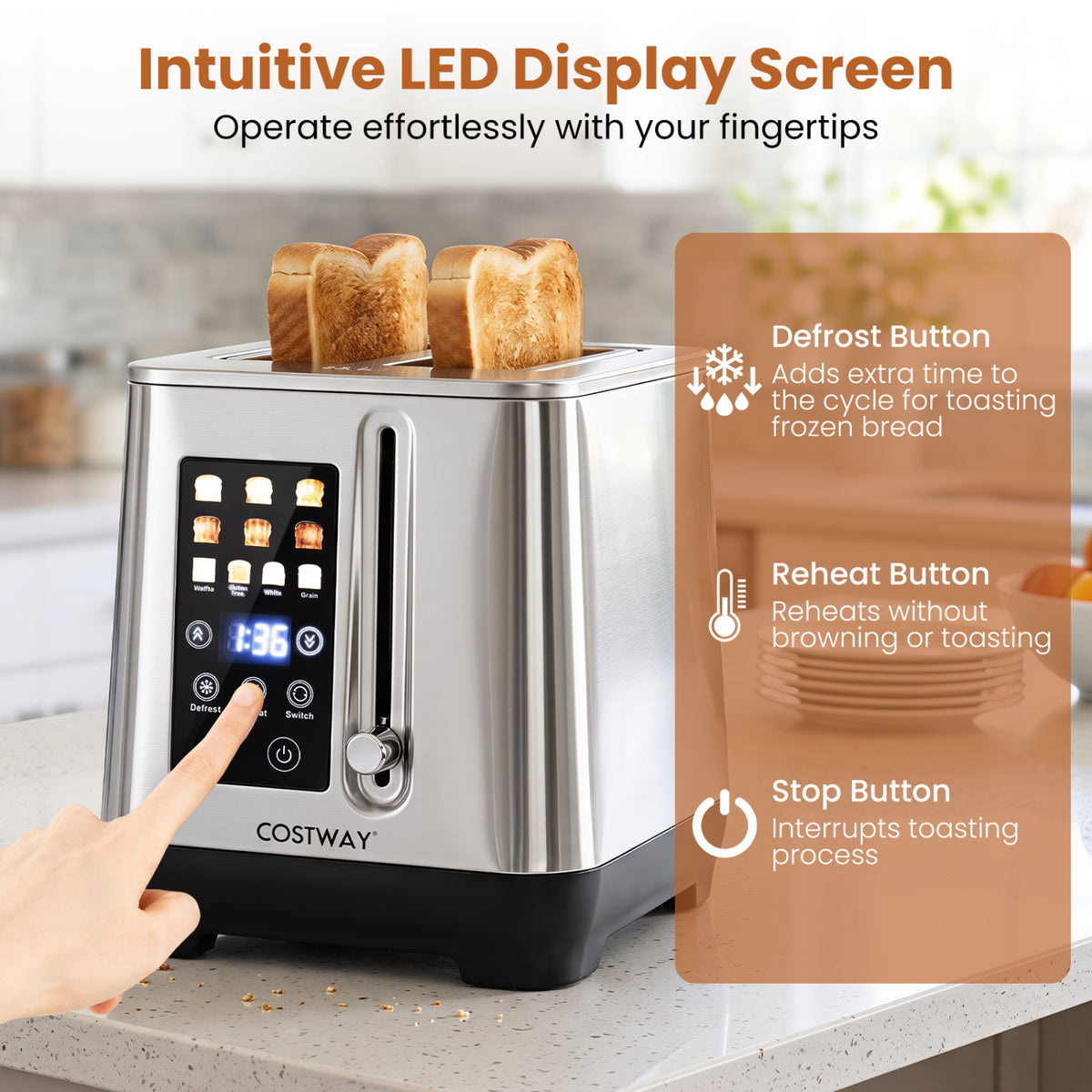 Hand touching the LED controls on a silver toaster in a kitchen setting