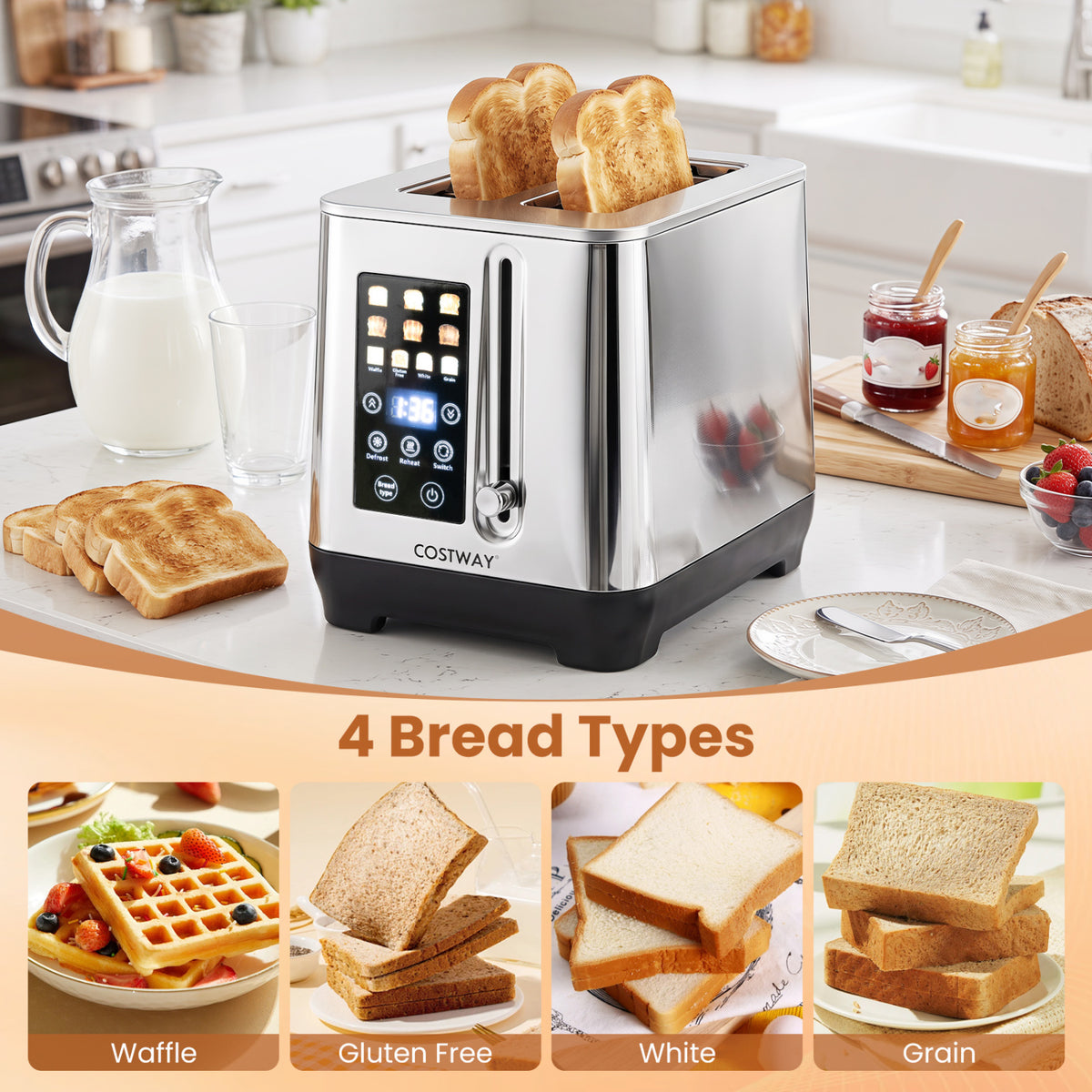 A stainless-steel toaster on a kitchen counter, with toast, spreads, and examples of four bread types.
