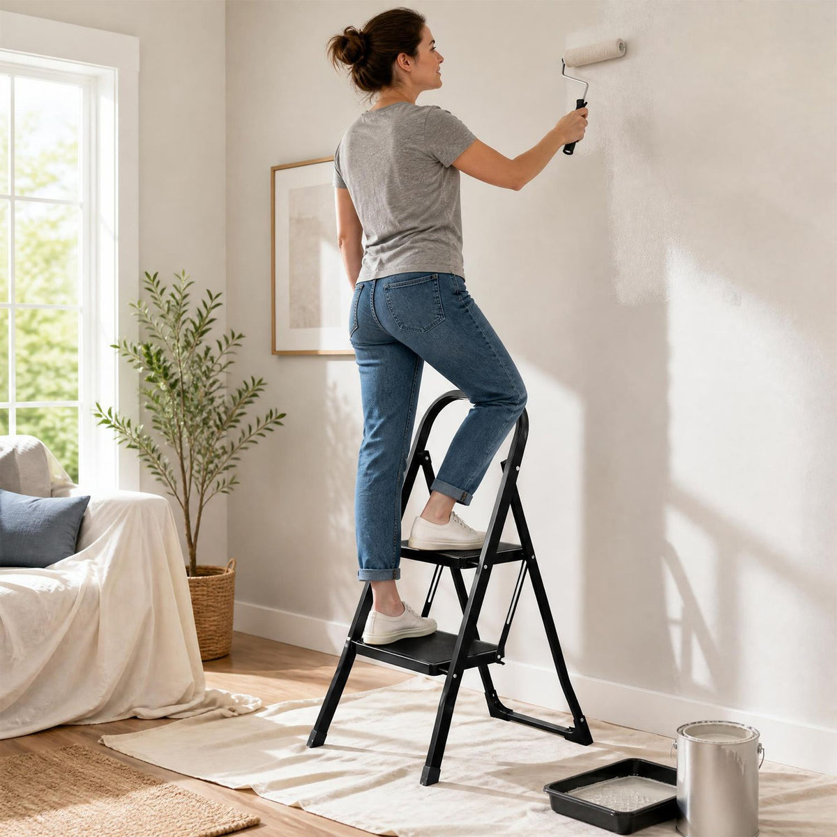 A woman stands on the upper steps of the open ladder while painting a wall with a roller.