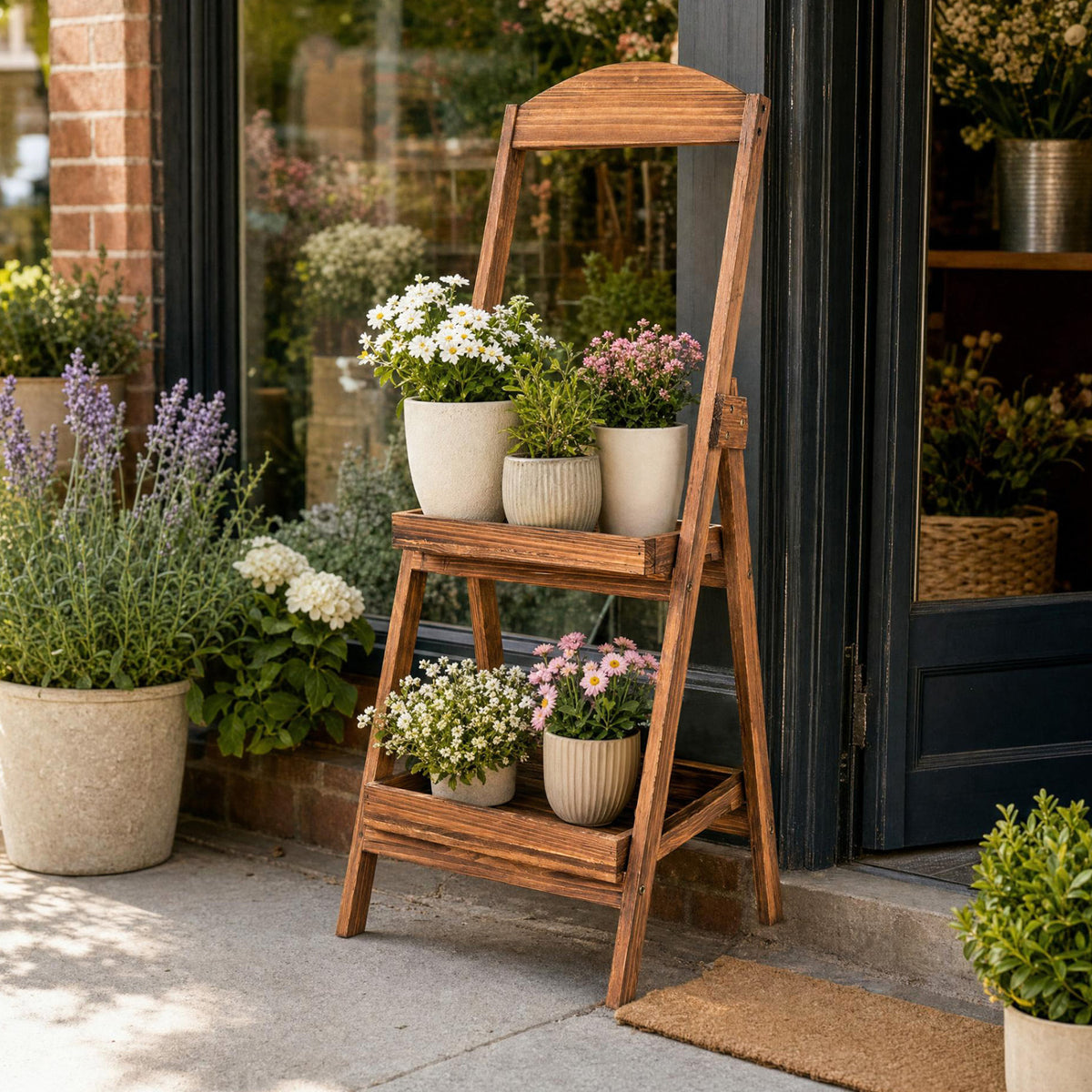 Rustic brown, two-tier fir wood ladder shelf displaying potted flowers beside a storefront window.