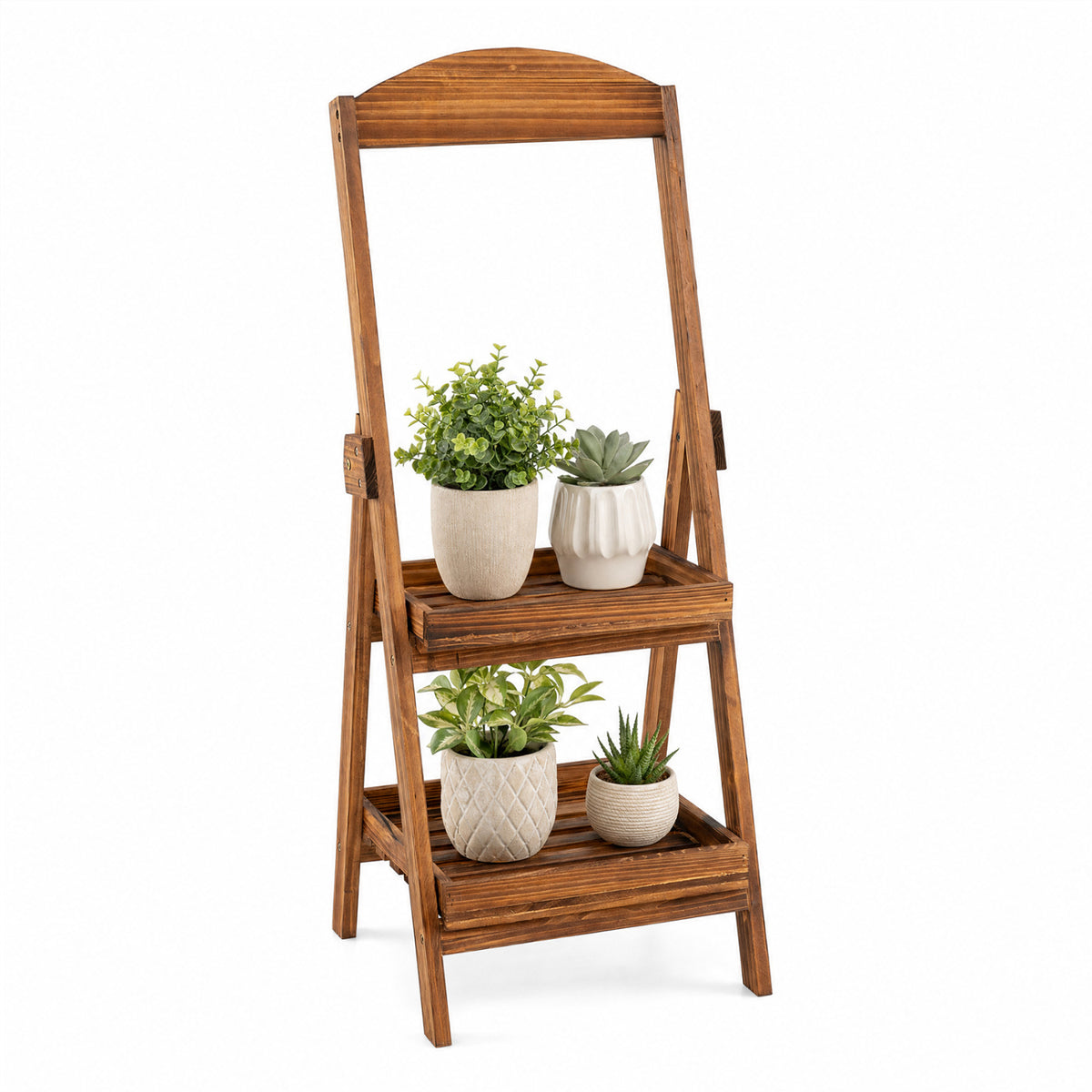 Wooden ladder shelf displayed against a white background with four potted plants.