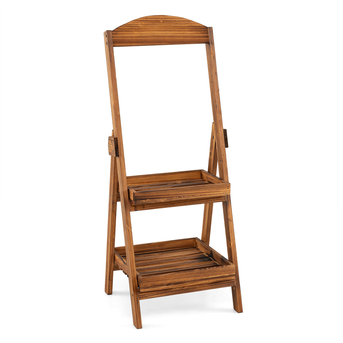 Unoccupied wooden ladder shelf shown against a white background.