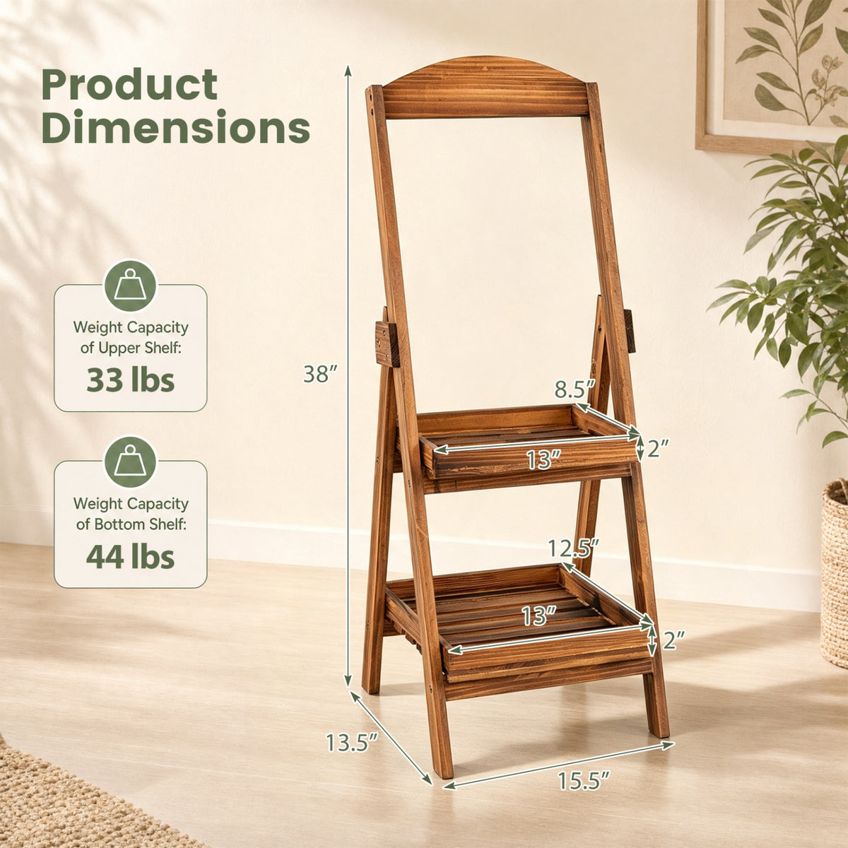 Rustic wood ladder shelf shown with measurement arrows and weight-capacity callouts.