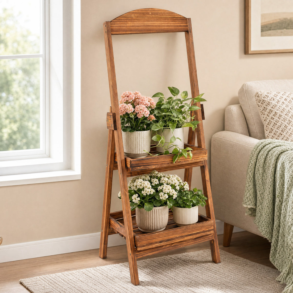 Two-tier wooden ladder shelf holding potted plants beside a sofa and window.