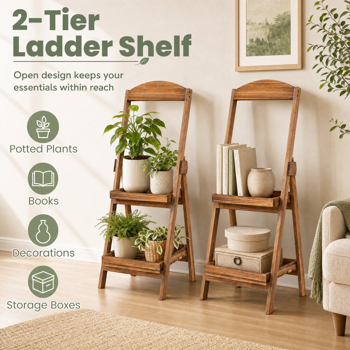 Two wooden ladder shelves display plants, books, a vase, and storage boxes in a living room.