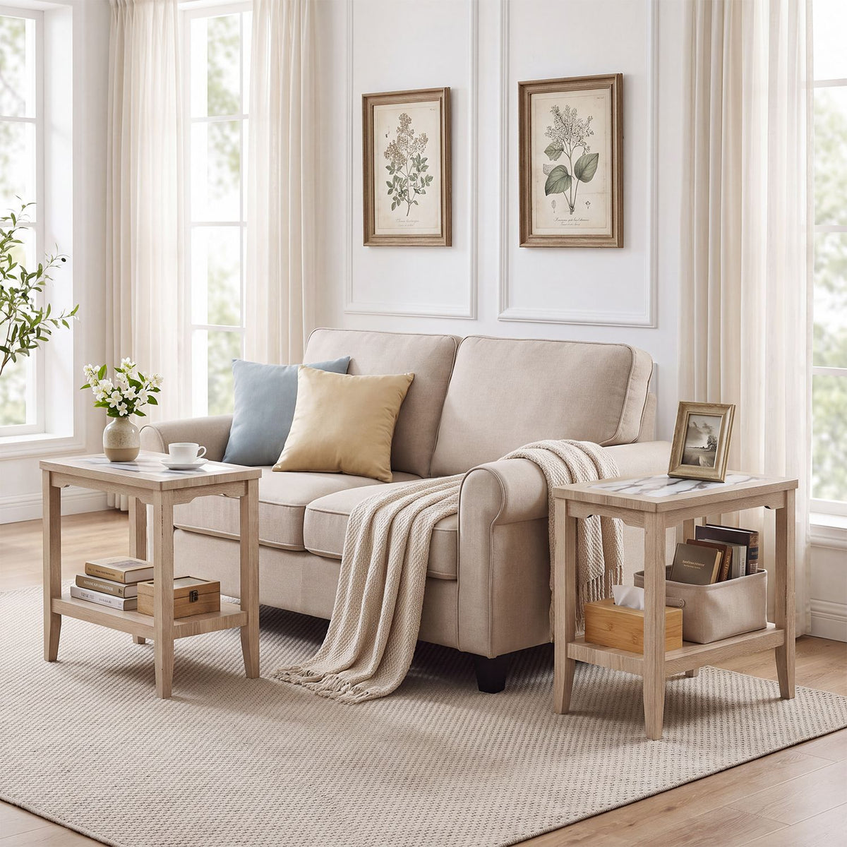 Pair of light wood end tables with veined tops and lower shelves beside a beige sofa.