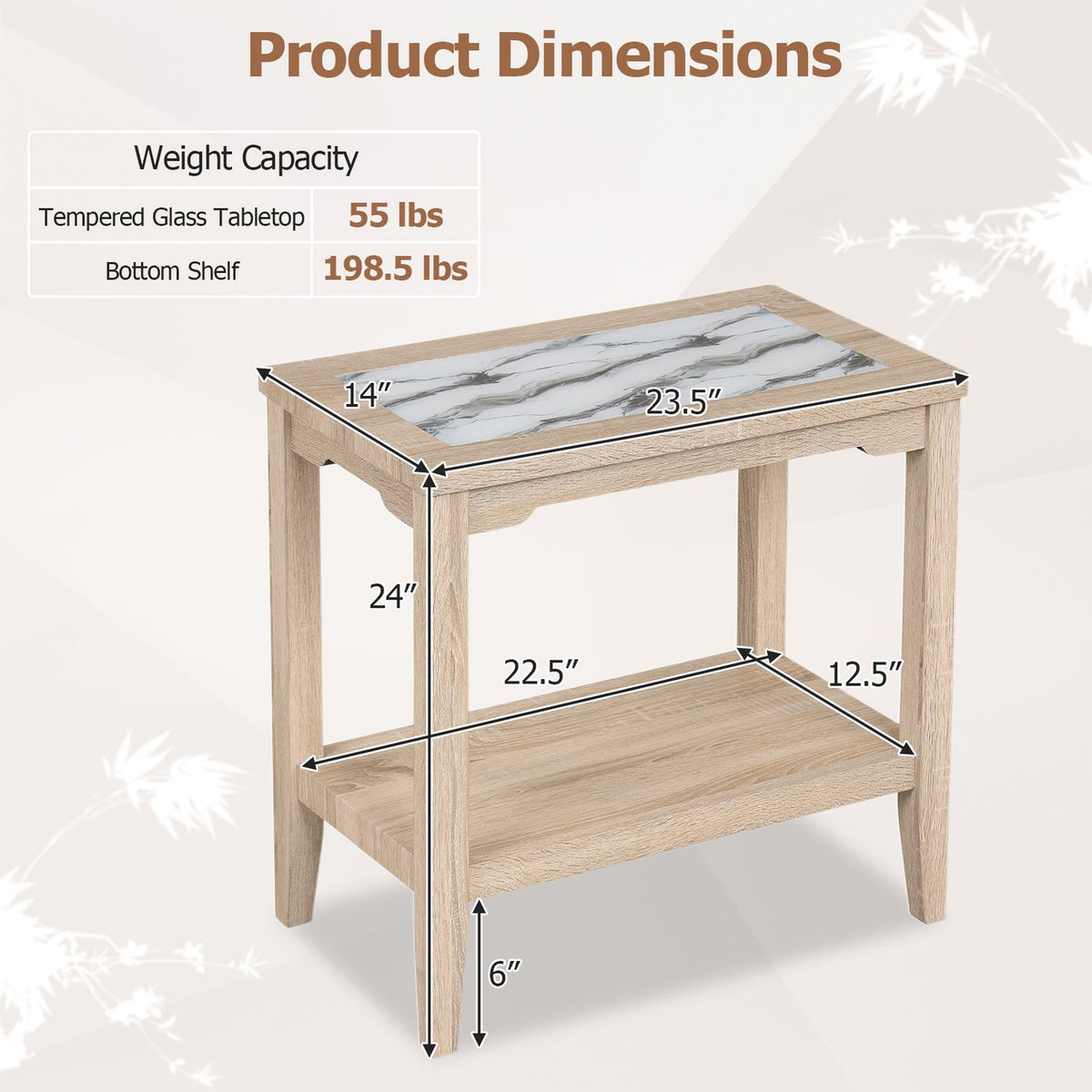 A light wood end table with a marble-look glass top and open lower shelf, shown with measurement arrows.