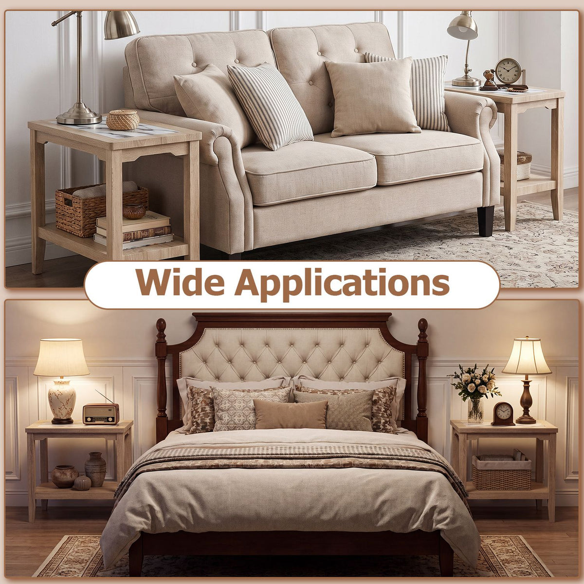 Light wood two-tier end tables shown beside a sofa and a bed in two room settings.