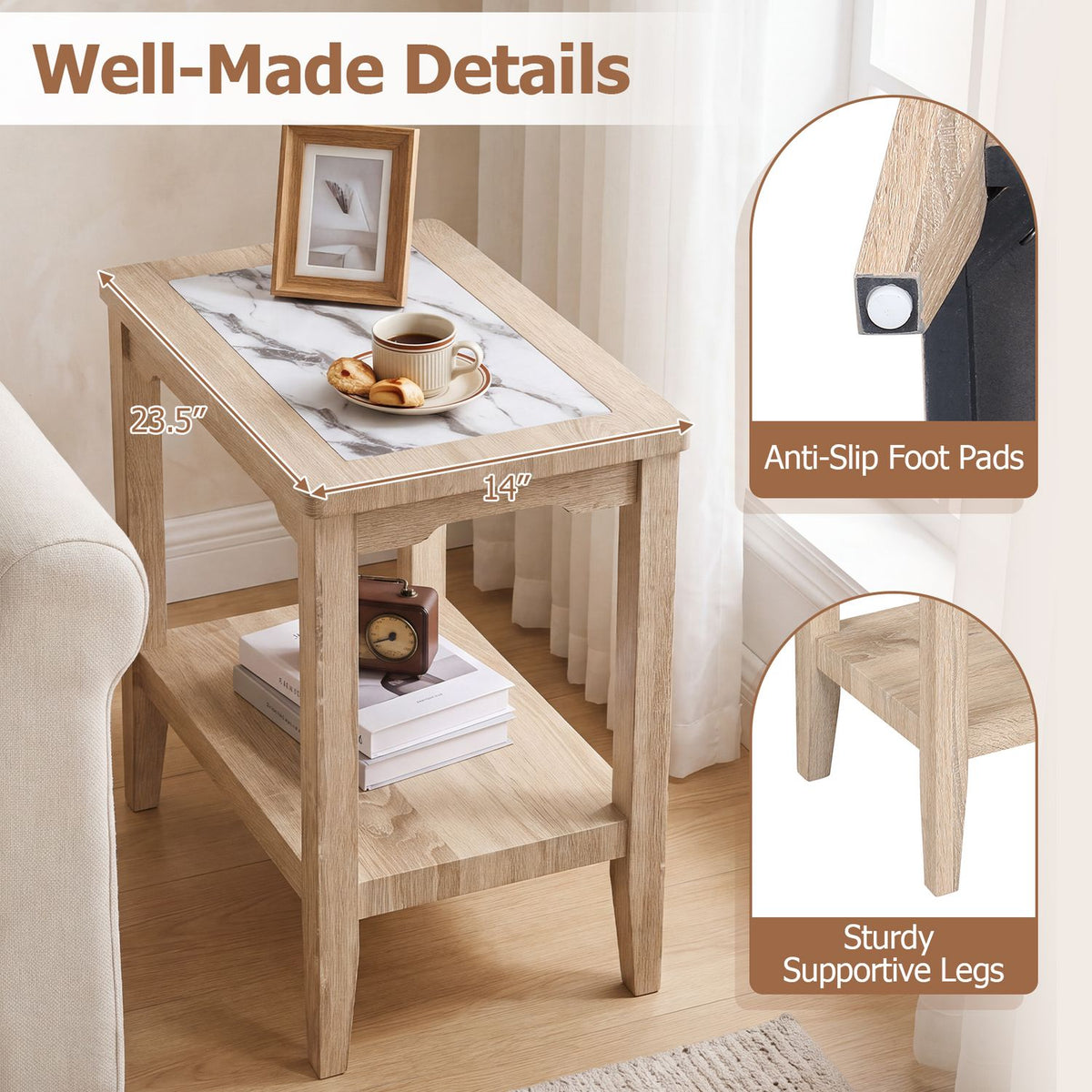 A light wood end table with a marble-look top and open lower shelf, shown with close-ups of its feet and legs.