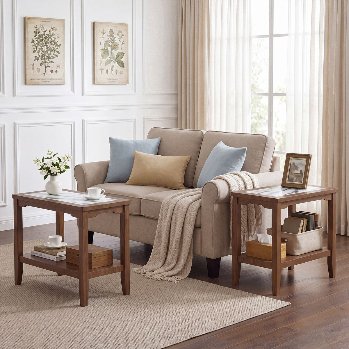 Two brown end tables flank a beige sofa, each with a pale inset top and an open lower shelf.