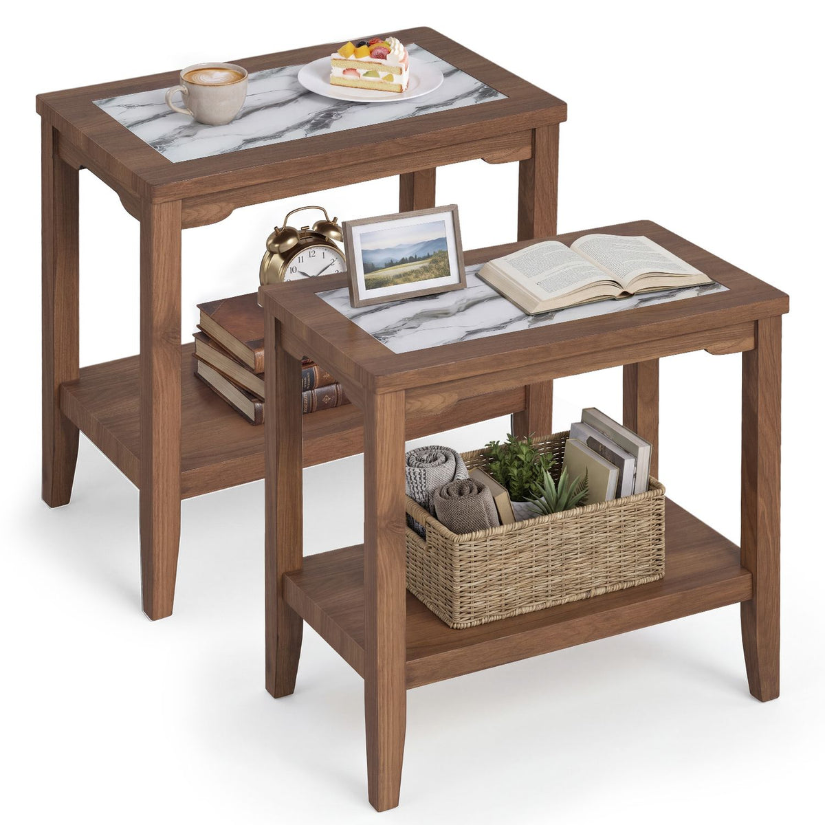 Two brown end tables are shown at different angles, with pale veined inset tops and open lower shelves.