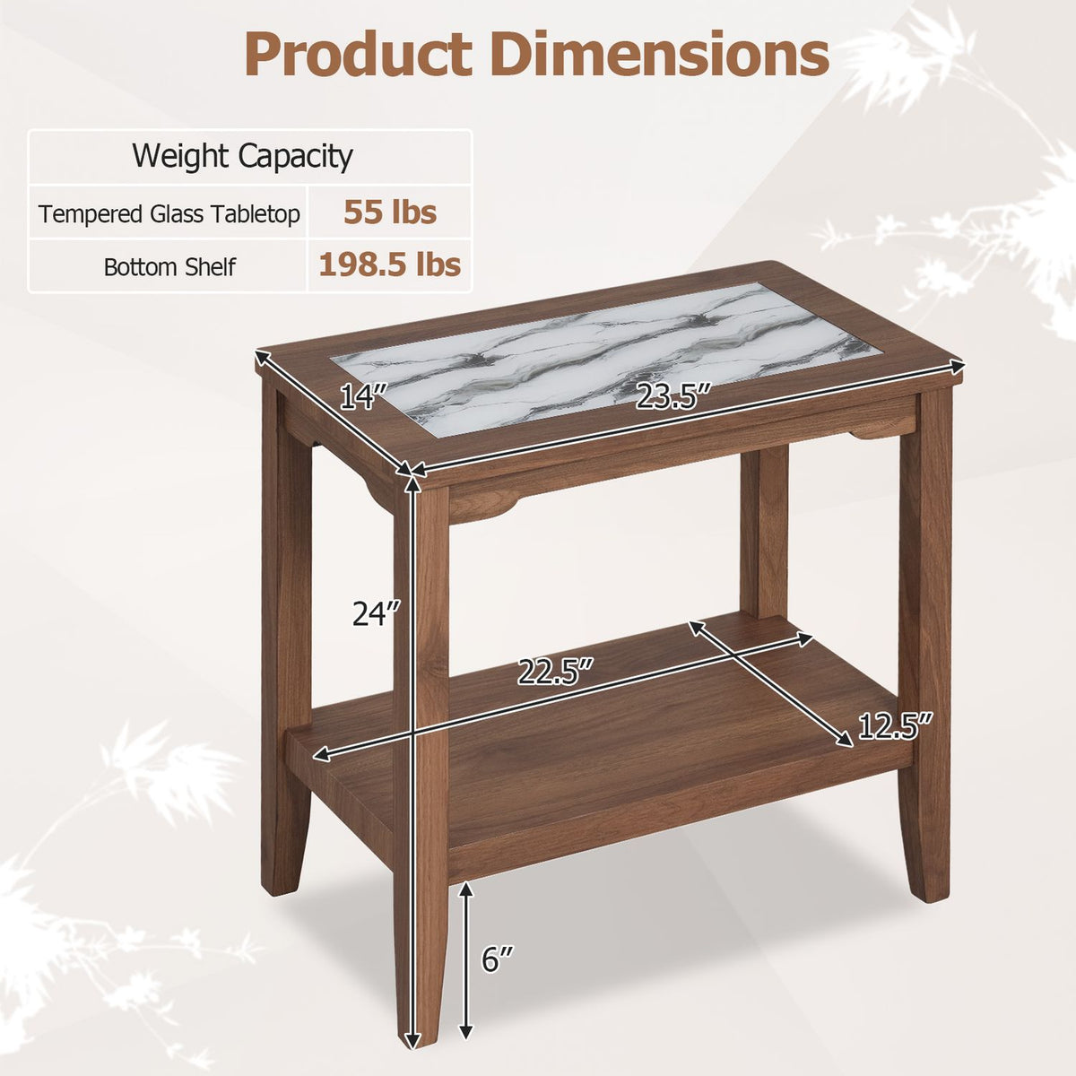 A single brown end table is shown with arrows marking its top, shelf, and overall dimensions.