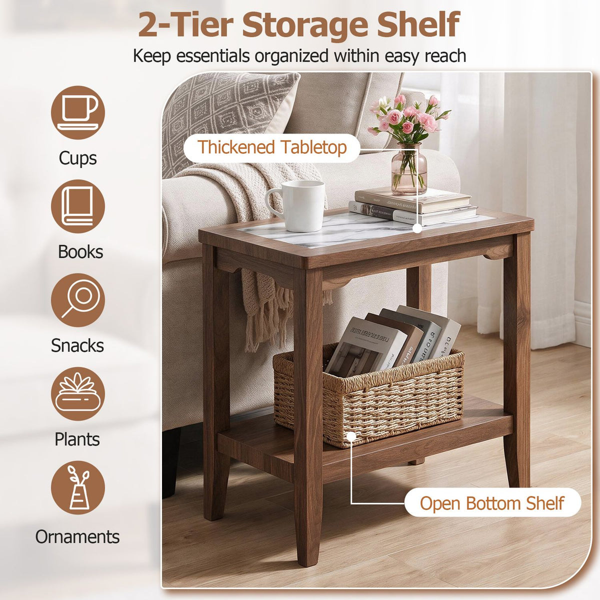 A brown end table beside a sofa displays a cup on top and a woven basket on its lower shelf.