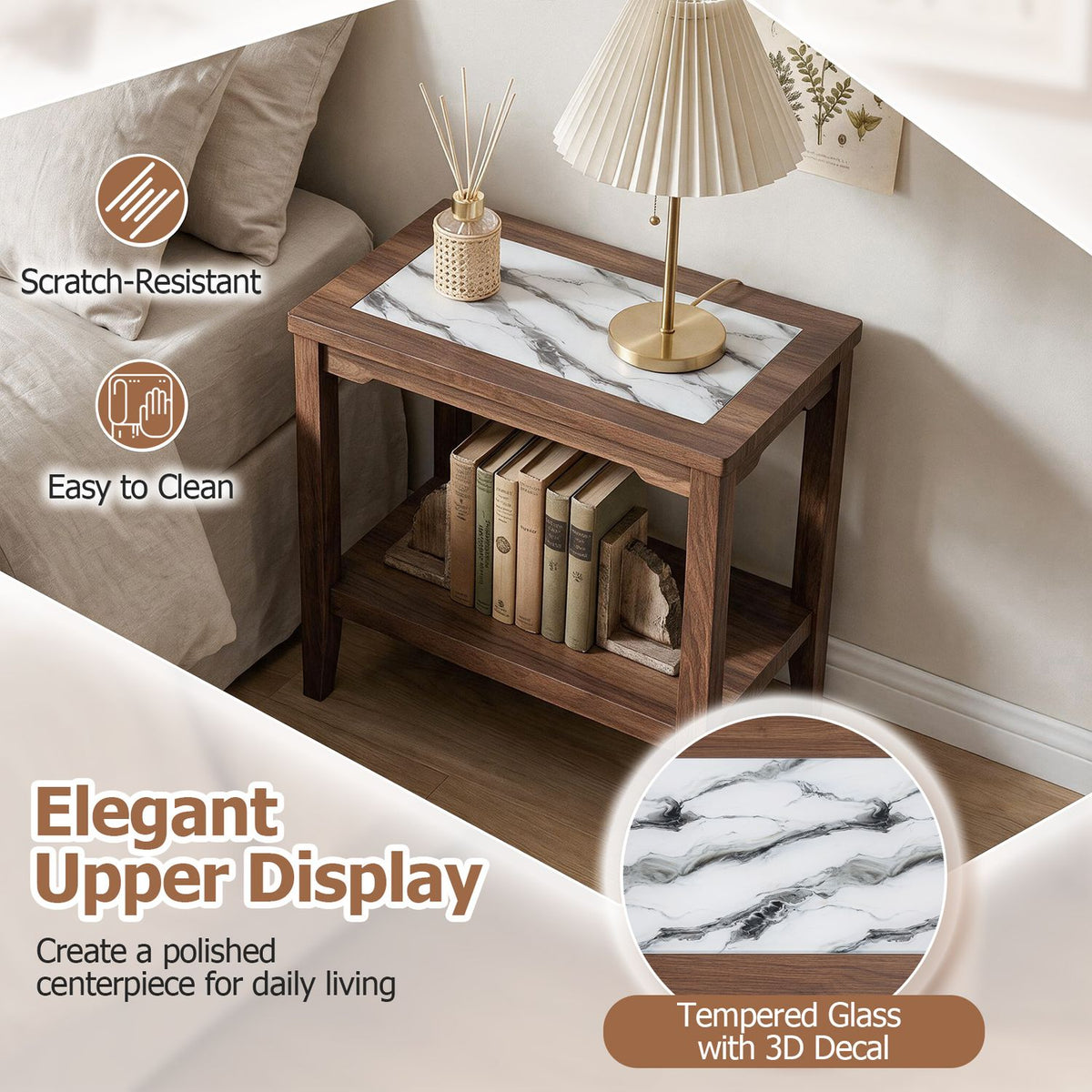 Dark wood end table with a veined glass top and open shelf beside a sofa, holding books and a lamp.