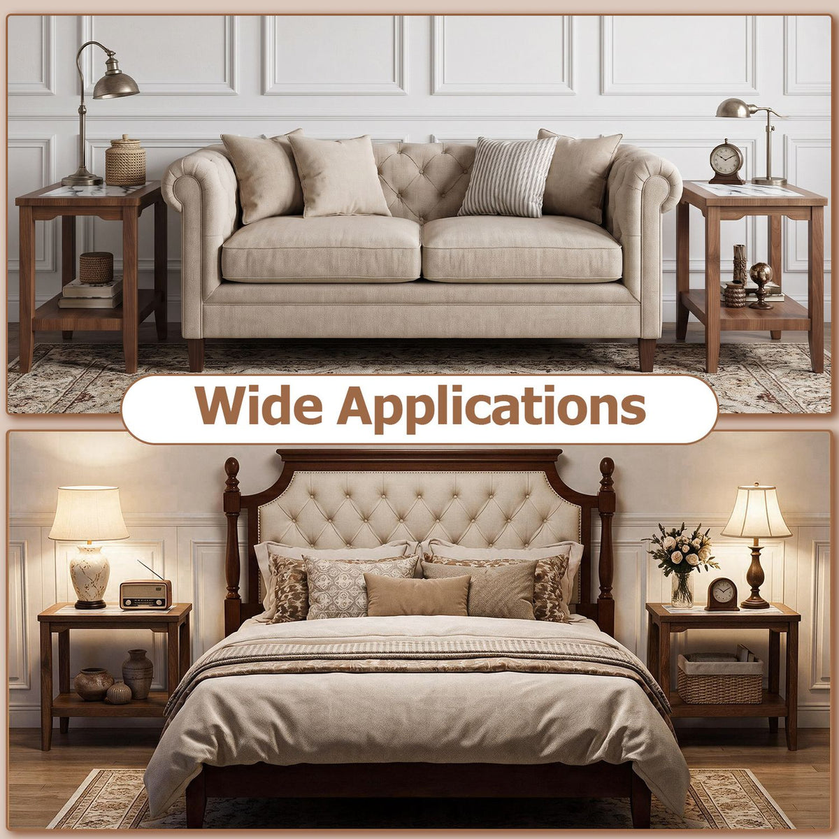 Matching dark wood end tables flank a sofa in one room and a bed in another.