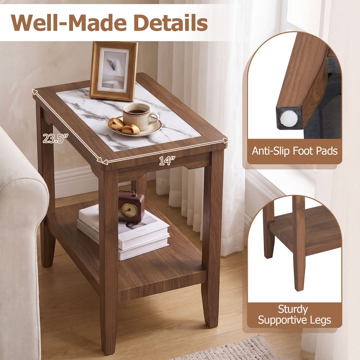 Close view of a dark wood end table with a veined glass top, open shelf, and inset views of its feet and legs.