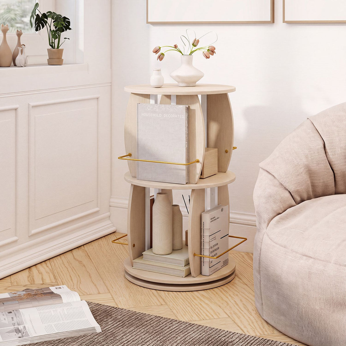 2-Tier Rotating Bookshelf Tower with Display Stands and Side Rails, Oak