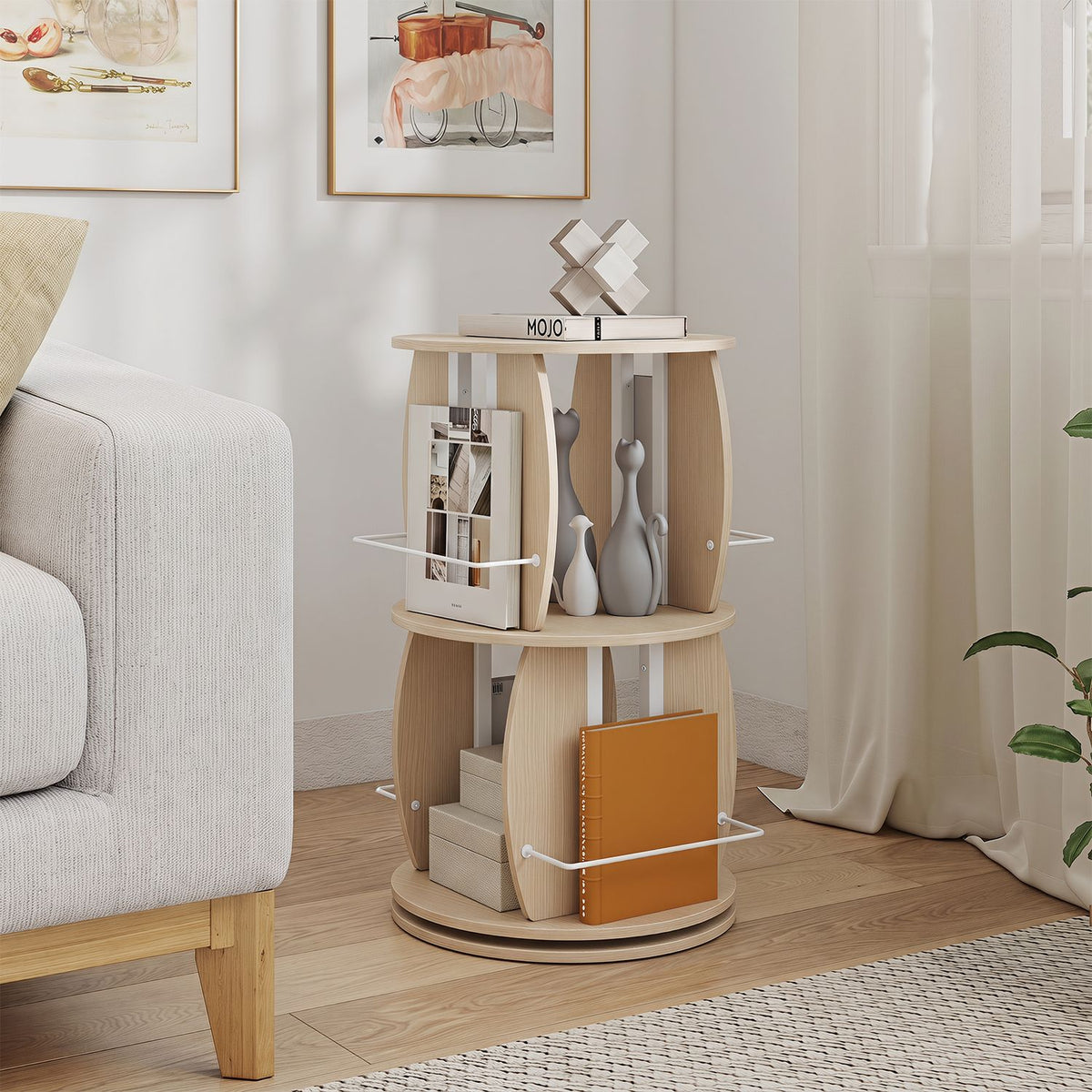 2-Tier Rotating Bookshelf Tower with Display Stands and Side Rails, Oak