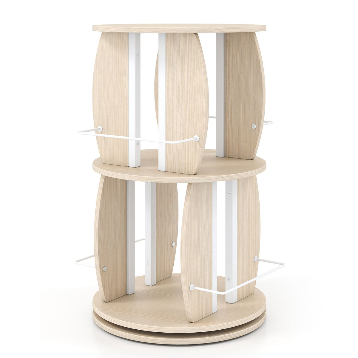 2-Tier Rotating Bookshelf Tower with Display Stands and Side Rails, Oak