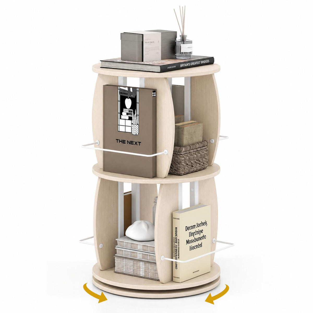 2-Tier Rotating Bookshelf Tower with Display Stands and Side Rails, Oak